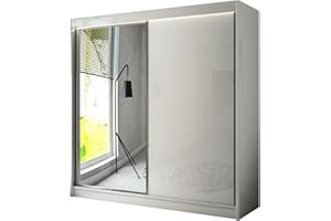 ‎ALTDECOR ALTDECOR Kleiderschrank mit Spiegel und Schiebetüren, kugelgelagerte Führungsschienen und Aluminium-Leisten - VESLI - 200 cm Weiß/Lacobel Weiß