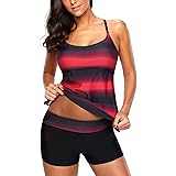 SUGSHYN Costume Donna Due Pezzi Vintage Push up Tankini Top Boyshort Sportivo Beachwear Imbottito Strisce Colore Sfumato Spia