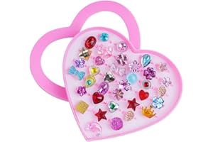 OSDUE 36 Pièces Bagues pour Enfants,Anneaux Réglables Sans Duplication Princesse Ensemble Bagues Bijoux Pretend Play Dress up Rings avec Boîte Rose Cadeau à une Petite Fille