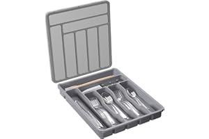 Lifewit Portaposate con Coperchio, Contenitore Porta Posate da Cassetto per Cucina, Organizer in Plastica per Cassetto per Cucchiai, Forchette, Coltelli, 7 Scomparti, Grigio