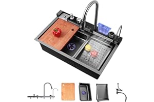 TULAZOU Évier de cuisine T304 en acier inoxydable - Multifonctionnel - Cascade - Encastrable - Avec robinet numérique multifonction et divers accessoires - 80 x 45 cm