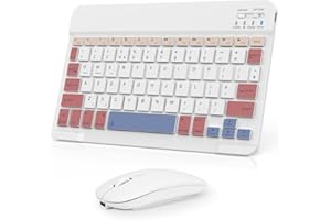 Nsyee Bluetooth Keyboard and Mouse, Universal Compact Wireless Keyboards, Rechargeable Portable for iPad/Samsung/Tablet/iOS/Android/Windows, UK Layout (White&Pink, Keyboard and Mouse)