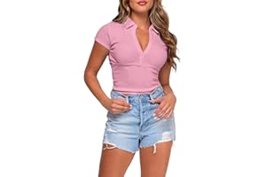Rayson Camiseta de Manga Corta para Mujer Botones Básica Camiseta Cuello en V Ajustado Blusa de Verano Blusa Sastrería de Manga Corta Blusa Y2K