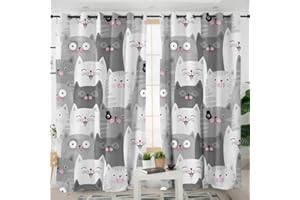 zpangg Blackout Curtain, Ruffle Tape, Cute Cats with Eyelets, Curtain for Bedroom, Children's Room, Pack of 2, Blackout Curtains, Coloured Curtains, 184 x 214 cm