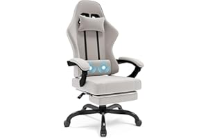 JUMMICO Fabric Gaming Chair with Footrest, Ergonomic Computer Chair for Adults with Massage Lumbar Support, Reclining Gamer Chair with Headrest, Wide Seat, Height Adjustable, Light Grey