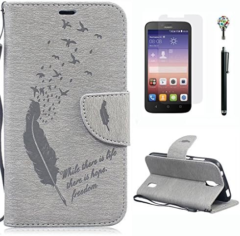 Yaking® Huawei Y625 Case (4 in 1 Set) PU Leather Stand Flip Cover Wallet Printing Business style Phone Case Cover for Samsung Galaxy Huawei Y625 with 1 x Tempered Glass Screen Protector + 1 x Touchpen and 1 x Bling Glitter Dust Plug