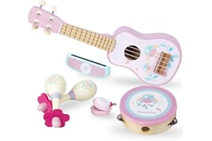 WOODENFUN Guitare pour enfant fille - Instrument de musique en bois - Jouet avec ukulélé, tambourin, maracas, harmonica, mini ruban - Pour les tout-petits de 2 à 3 ans - Cadeau d'anniversaire (rose)