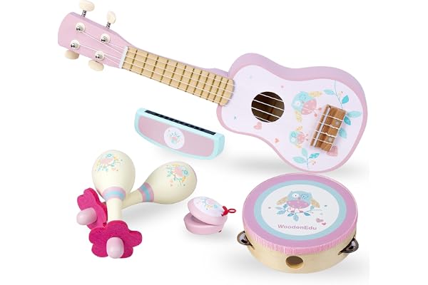 Guitare pour enfants pour filles, jouets d'instruments de musique en bois avec ukulélé, tambourin, maracas, harmonica, mini ensembles de groupe pour les tout-petits de 2 à 3 ans, cadeau d'anniversaire
