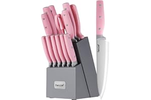 hecef Juego de Cuchillos de Cocina Profesional 14 pzas y soporte | Acero Inoxidable, con Afilador, Bloque de madera (Rosa)