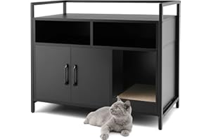 GYMAX Katzenschrank für Katzentoilette mit Kratzbrett Katzenklo Schrank 89 x 45 x 74,5 cm Katzenhaus mit offenen Regalen & Türen (Schwarz)