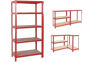 HUINI Shelving Unit for Garages and Sheds 150x70x30cm Racking Storage Shelves Strong Metal Shelving 5 Tier Boltless Garage Shelving Storage Unit Adjustable Shelf Easy Assembling Total Capacity 875KG -Red