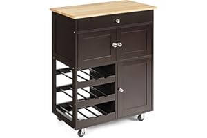 COSTWAY Kitchen Serving Trolley, Rolling Storage Island Cart with Drawer, 3 Tier Wine Racks, 2 Cabinets, Rubber Wood Tabletop & Wheels, Utility Storage Cabinet for Home Office Restaurant (Brown)