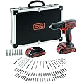 BLACK+DECKER Perceuse-Visseuse Sans Fil 18V 1,5Ah – 2 Batteries + Chargeur + 160 Accessoires En Coffret – Mandrin 10 Mm, 30 Nm, LED Intégrée