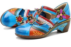 CrazycatZ Damen Leder Mary Jane Halbschuhe Blockabsatz Bunte Schuhe Jahrgang Halbschuhe