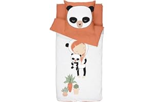 BLEU CALIN Caradou Miss Panda 3 Pièces Sans couette Juego de Cama, Algodón, Naranja, 90 x 190 cm