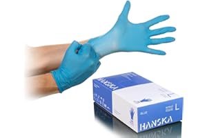HANSKA Paquete de 100 guantes desechables de nitrilo Azul - Sin polvo - Desechables - Ambidiestros - Base de goma - Apto para uso médico y manipulación de alimentos (100, L)