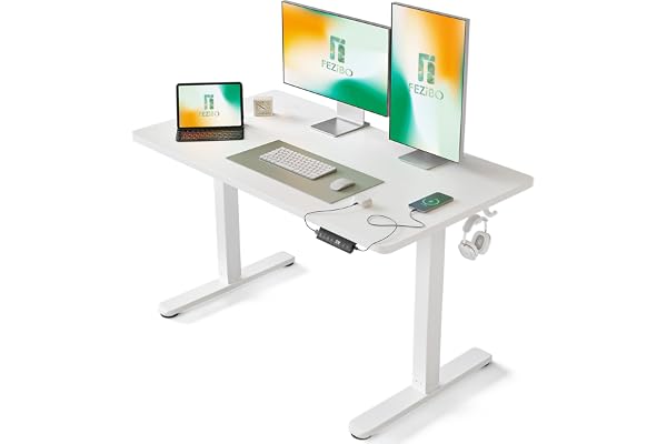 FEZIBO Bureau Assis Debout Électrique, 120 x 60 cmBureau Table Debout Réglable en Hauteur Acier T Pieds avec Système Anti-Collision, Panneau Contrôle à Fonctions Mémoires, Planche Blanc