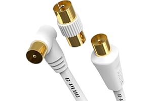 G-PLUG Câble d’Antenne TV 2m Angle Droit – Câble Coaxial Mâle-Mâle avec Adaptateur – Connecteurs RF Plaqués Or – Compatible Satellite, TNT, Décodeur, Sky Box