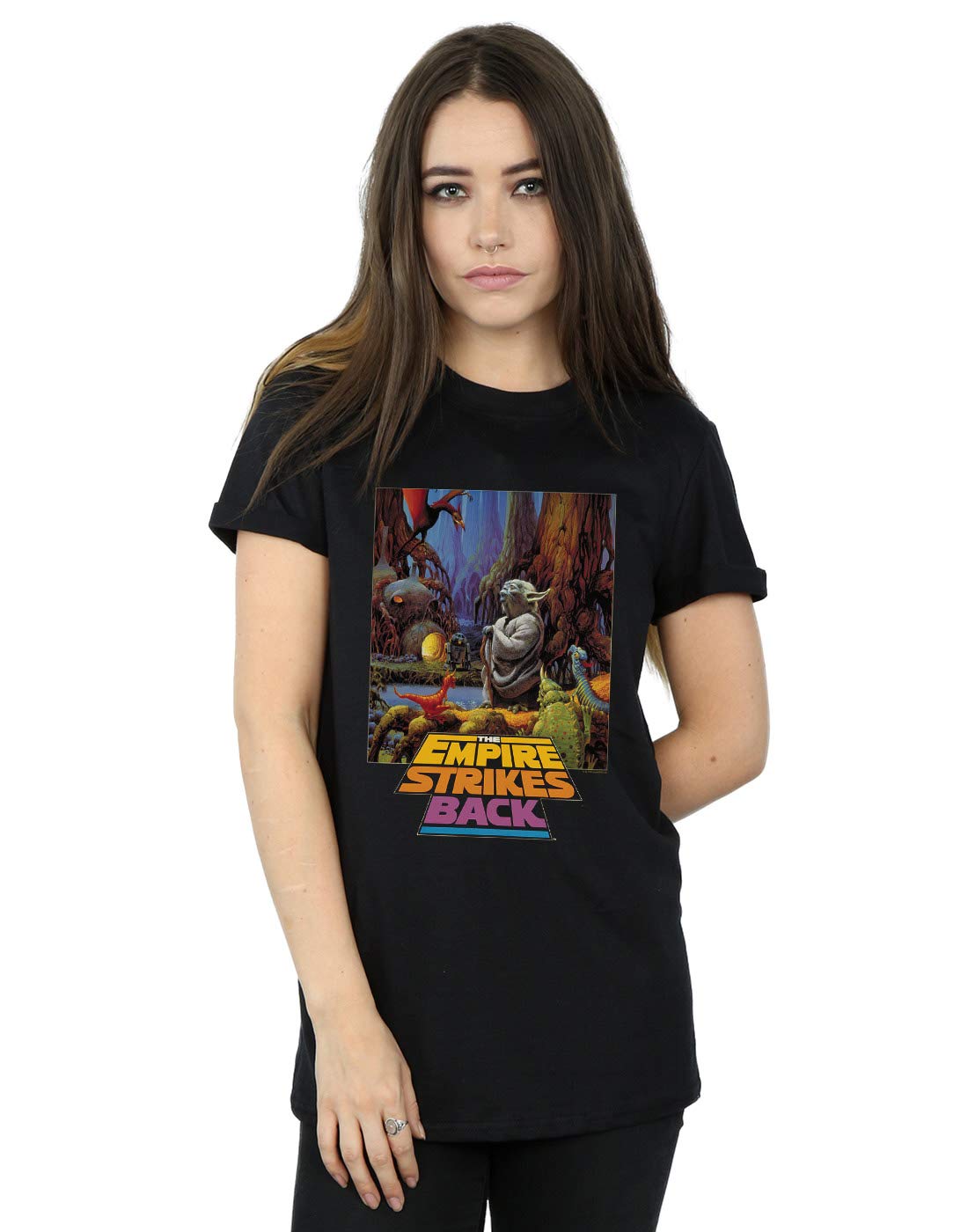Star-Wars-Damen-Yoda-Poster-Boyfriend-Fit-T-Shirt-Schwarz-XXX-Large