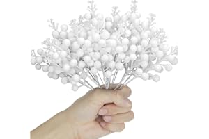 Kunjocy 12 Pcs White Christmas Glitter Berries Stems, Frosted Christmas Berries Decorations Artificial Christmas Berries Picks for Christmas Wreath Garland Xmas Tree Ornament (White)