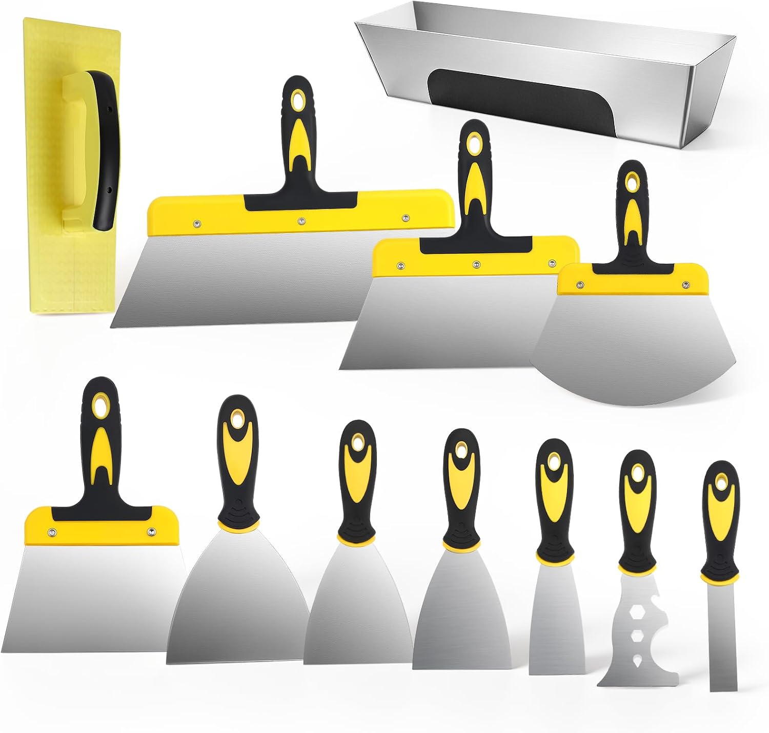 Juego de espátulas de superficie de 12 piezas, herramienta de acero inoxidable 350-25 mm con mango de plástico para paneles de yeso, enlucido, papel pintado con caja de espátula de acero inoxidable