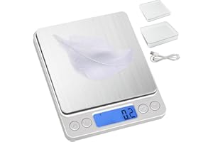 FIICO Digital Kitchen Scales Weighing Scales Food 0.1g Precise Graduation 3kg Capacity Ultra Slim Stainless Steel Disc Platform with Backlit LCD Display Multifunction Add & Weigh/Tare Function USB charge