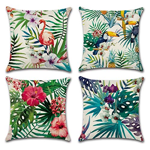 Adisputent Cushion Cover Tropical Plant Cotton Linen Decorative Throw Pillow Covers Flamingos Leaf f