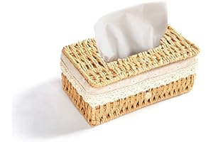 Sinxioer Pudełko na chusteczki higieniczne, białe, dekoracyjne, ręcznie tkane, rattanowe, prostokątne, retro