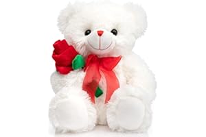 BEJOY Teddy Bear Stuffed Animal Rose Bear with Red Bow Soft Plush Teddybär Plüschtier Rose Bär mit roter Schleife weiches Stofftiere Spielzeug, Geschenk für Valentinstag, 30cm Weiß