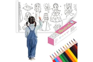 Kaizuca 3m Children's Colouring Roll, Painting Paper Roll, DIY Drawing Roll, Cuttable, Self Adhesive, with 12 Colouring Pencils, for Children, Students, Birthday Gifts (Princess Pattern)