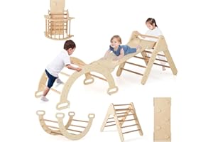 COSTWAY 7 en 1 Triangle d'escalade Montessori Enfants avec Rampe Double Face, Arc d'escalade Montessori en Bois Hêtre avec Toboggan & Échelle, Charge Max 50KG pour Glisser Grimper pour Bébé de 1 an+