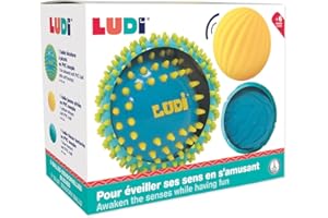 LUDI - 3 Balles Sensorielles Souples Texturées - Jouet D'Éveil Bébé - Dès 6 Mois - Développe Le Toucher, La Motricité Fine & Le Bien-Être - Diamètre : 8 & 15 cm - Bleu & Jaune