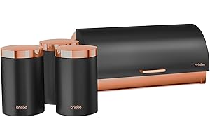 briebe Set Panera de Mesa + Juego de 3 Botes Cocina Almacenaje, Acero Inoxidable, Contenedor para Guardar Pan y Bollería, Tapa Deslizante, Diseño Moderno, Bread Box, Negro Mate/Oro Rosa