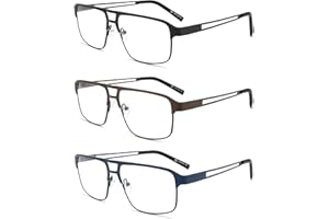 MODFANS Un Pack de 3 Gafas de Lectura Hombre Anti Luz Azul,Rectangular Metal Acero Inoxidable,Lente Clara,Vision Clara,Ligeras Comodas,Colores Mezclados