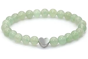 LAKADA Bracelet en aventurin verte véritable pierre précieuse avec perles rondes de 6mm et cœur en acier inoxydable - différentes longueurs - bracelet en pierres précieuses porte-bonheur talisman cadeau