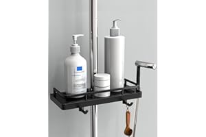AwmnSrman Mensola Doccia Senza Foratura Portasapone Doccia, Supporto per Accessori da Bagno con 2 Ganci e Supporto per Doccia, Adatto per Aste da Doccia 20mm-25mm Nero