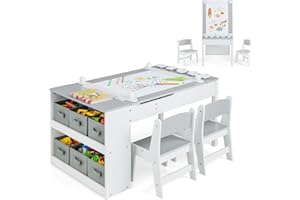 RELAX4LIFE Tavolo D'arte per Bambini con 2 Sedie, in Legno per Bambini con Piano Sollevabile e 2 Spazio Interni, 6 Cassetti in Tessuto e 4 Tazze per la Pittura e Rotolo di Carta