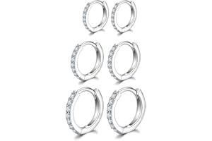 HUABOLA CALYN Silver Hoops Earrings for Women, 925 Sterling Silver Post Small Silver Hoop Earrings with AAA Cubic Zirconia, 3 Pairs Small Sleeper Hoops Huggie Hinged Earrings (8/10/12mm)