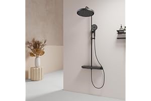 EMKE® System prysznicowy z termostatem, czarny, matowy, 40 cm, szklana półka, system prysznicowy, z 3 rodzajami strumienia, słuchawka prysznicowa + duży rozmiar deszczownica z armaturą + dolny