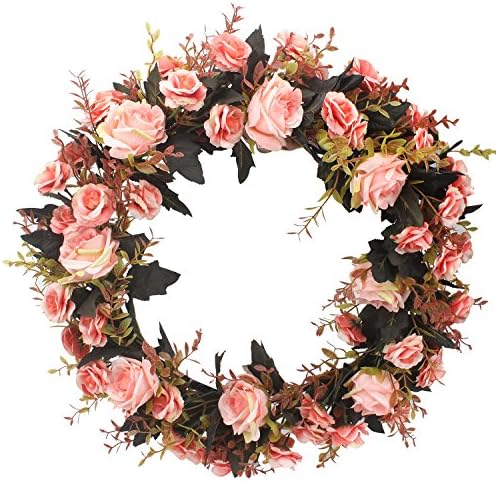 XIUER Rose Floral Twig Wreath 50cm Handmade Artificial Flowers Front Door Wreath Home Wall Decor Wedding Decorations,Pack of 1 (Pink)