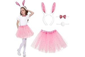 GugnRyAc 4 Pcs Easter Bunny Costume, Pink Rabbit Dress Up Outfit with Bunny Ears Headband, Tutu Skirt, Tail, Bowtie, for 3-10y Girls Carnival Cosplay Costume