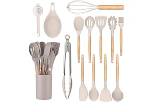 feyiubmen - 14 Stück Küchenhelfer Set, Spülmaschinenfes t Silikon-küche, maßgewand mit unklemmtem holzgriff, küchengeschirrbesteck