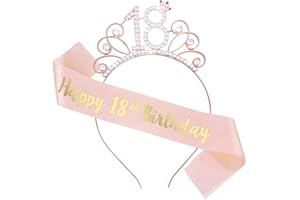 Abeillo Couronne de 18e anniversaire et diadème en strass pour filles, écharpe en satin or rose, couronne en cristal pour 18e anniversaire pour femme, décorations de fête d'anniversaire