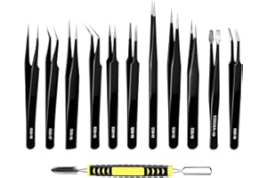 Cisixin 12Pcs Anti Estáticas de Acero Inoxidable Pinzas, Pinzas de Precisión Kit para Electrónicas, Joyería, Laboratorio, Belleza, Ceja y Pelo (Negro)