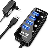 atolla USB Hub mit Netzteil, USB 3.0 Hub Aktiv mit 4 Ports SuperSpeed Datenhub mit Schalter und 1 Intelligenter Charging Port und 15W(5V/3A) Netzteil Adapter