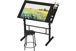 ‎DRIPEX Dripex Zeichentisch 0-60° Neigbar Architektentisch Verstellbarer Tischplatte Höhenverstellbar Arbeitstisch Zeichnung Computertisch mit Hocker für Office und Home Schwarz