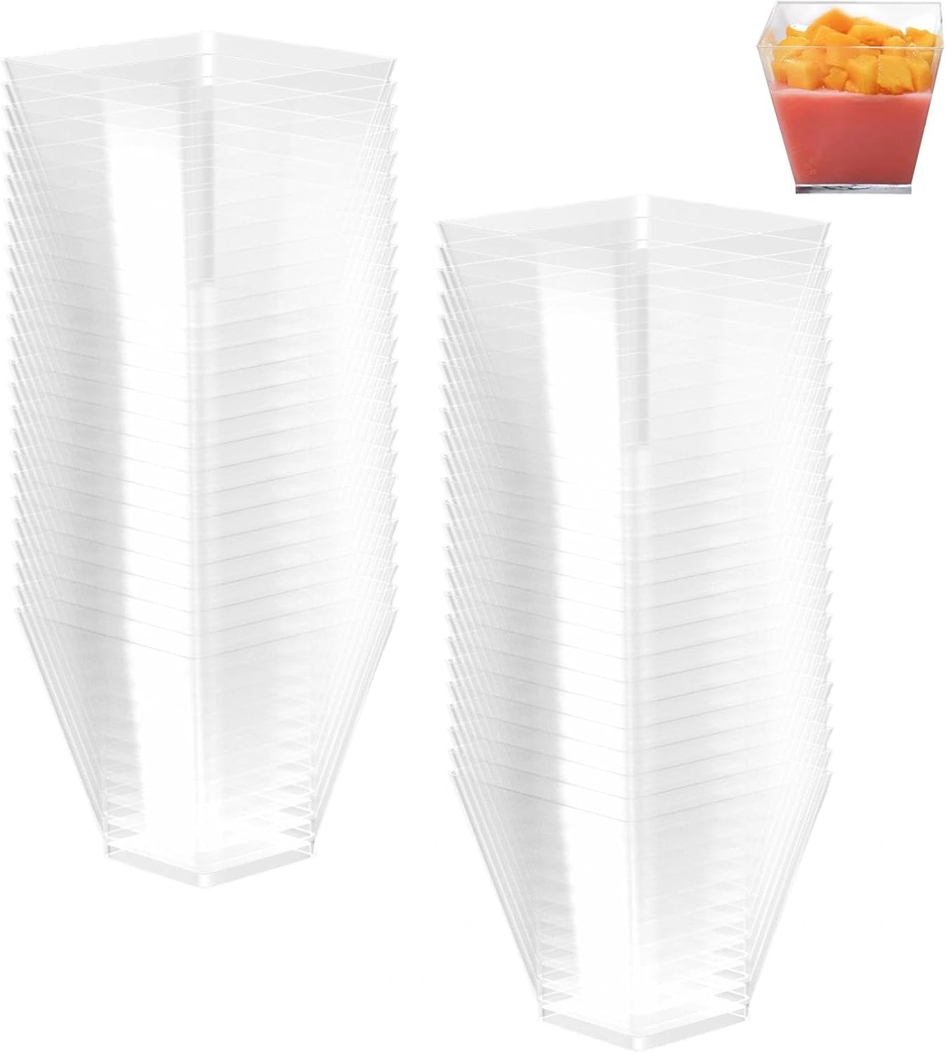 Ravytha 50 Piezas Vasos para Postres Reutilizables, Tazas de Postres Transparentes, Tazas de Postre con Cucharas, Cuencos de Postres Cuadrados para Pudín, Mousse Pastel, Helado y Yogur(2oz/60ML)