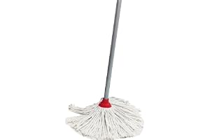 Vileda Classic Cotton Floor Mop With Stick, Super Absorbent, Universal Thread Handle, Cost-Effective, Red & White, Pack Size 10 x 6 x 42 Cm