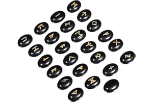 Amogeeli 25 Pièces Obsidienne Naturelle Runes Pierre Cabochon Ovale Cristal avec Symboles Runiques pour Divination, Reiki Guérison, Méditation, Décoration