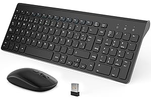 WisFox Office Teclado y Raton Inalámbricos Español, Silenciosos Delgados de Tamaño Completo de 2,4 GHz con Nano Receptor USB 2 en 1, para PC/Portátil/Windows y Ordenador de sobremesa (Negro)